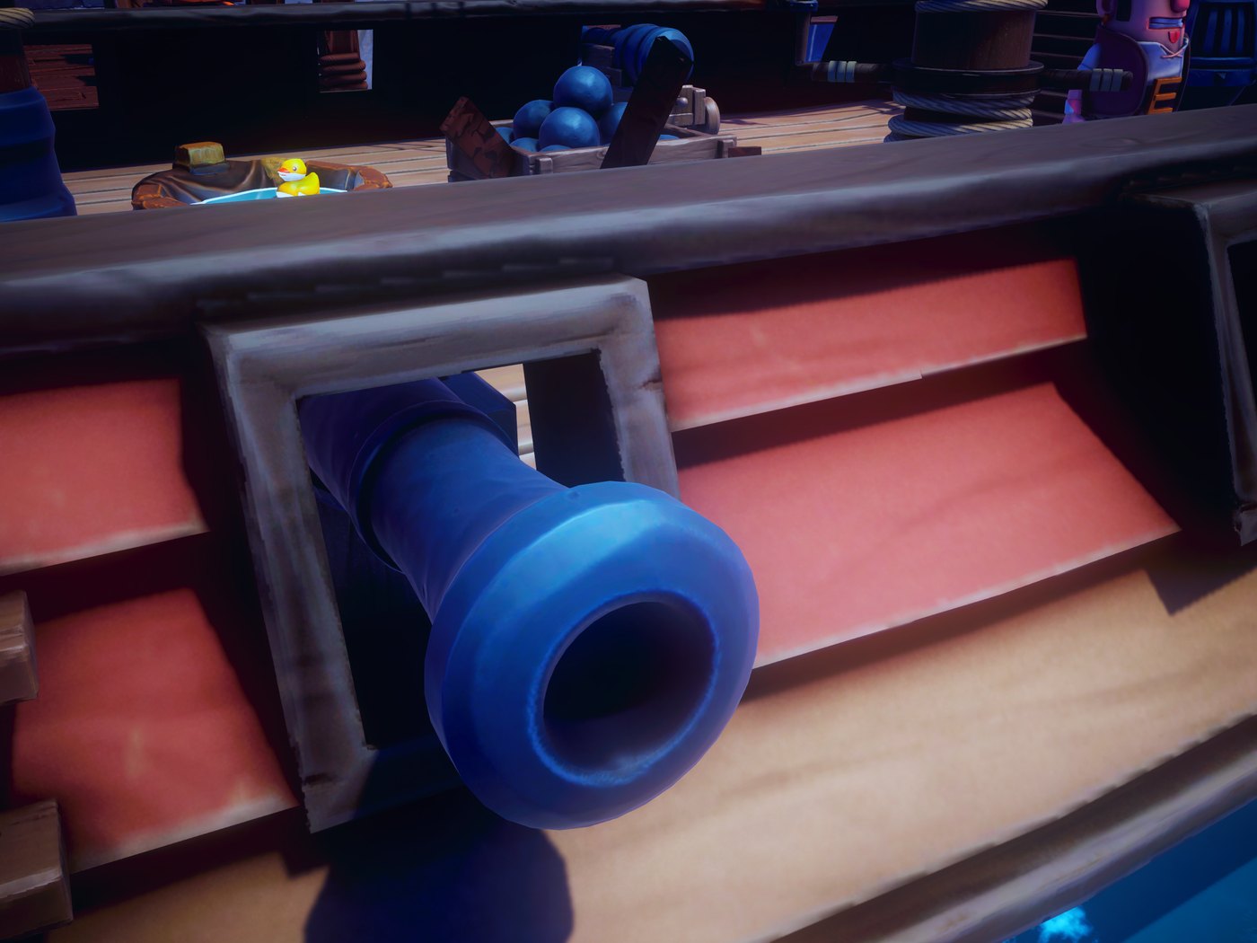 A cannon at its gunport on the hull