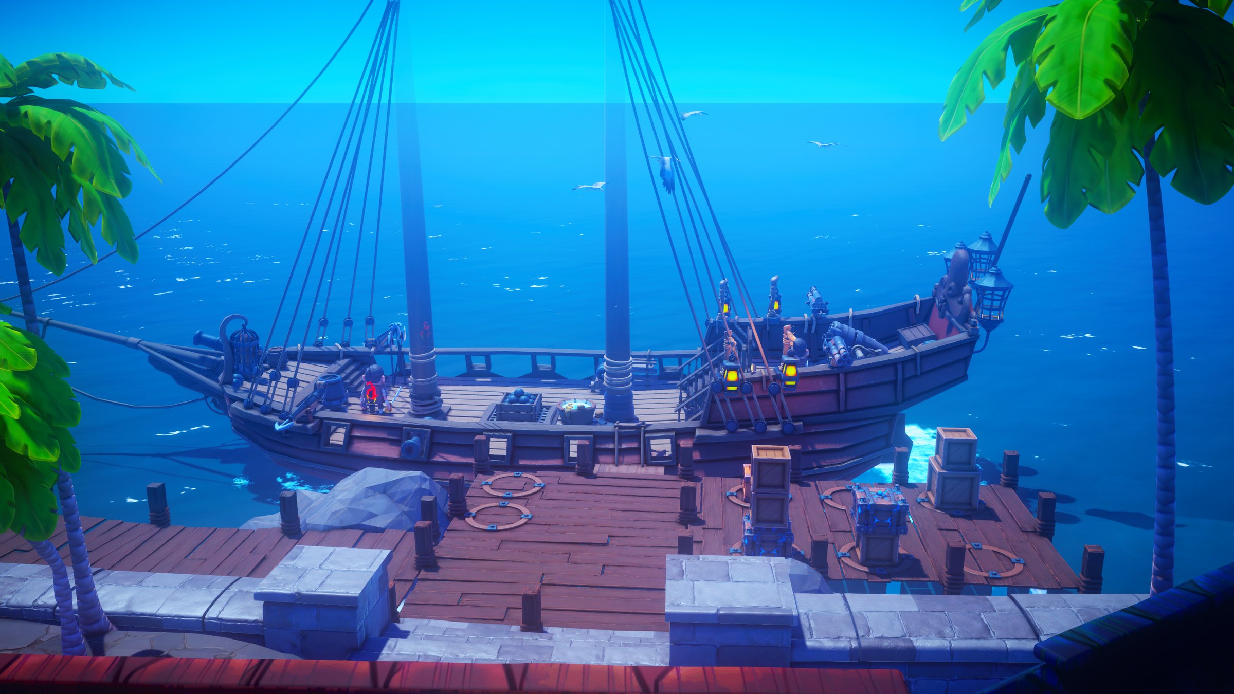 The pirate ship moored at Port Royal, palm trees in front and open sea behind