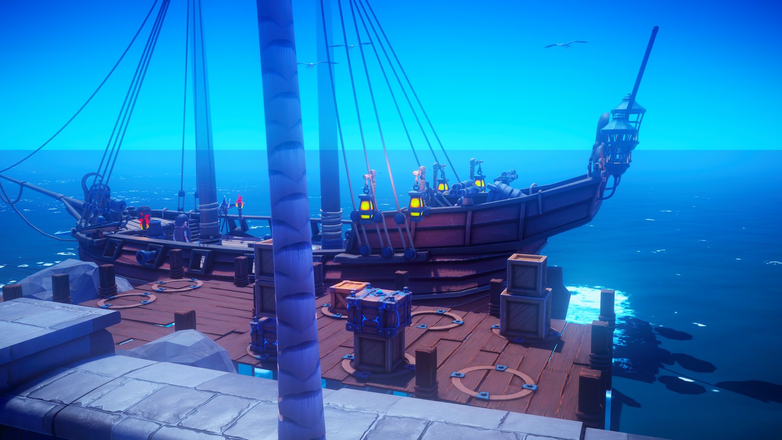 The ship moored at a quay stacked with crates