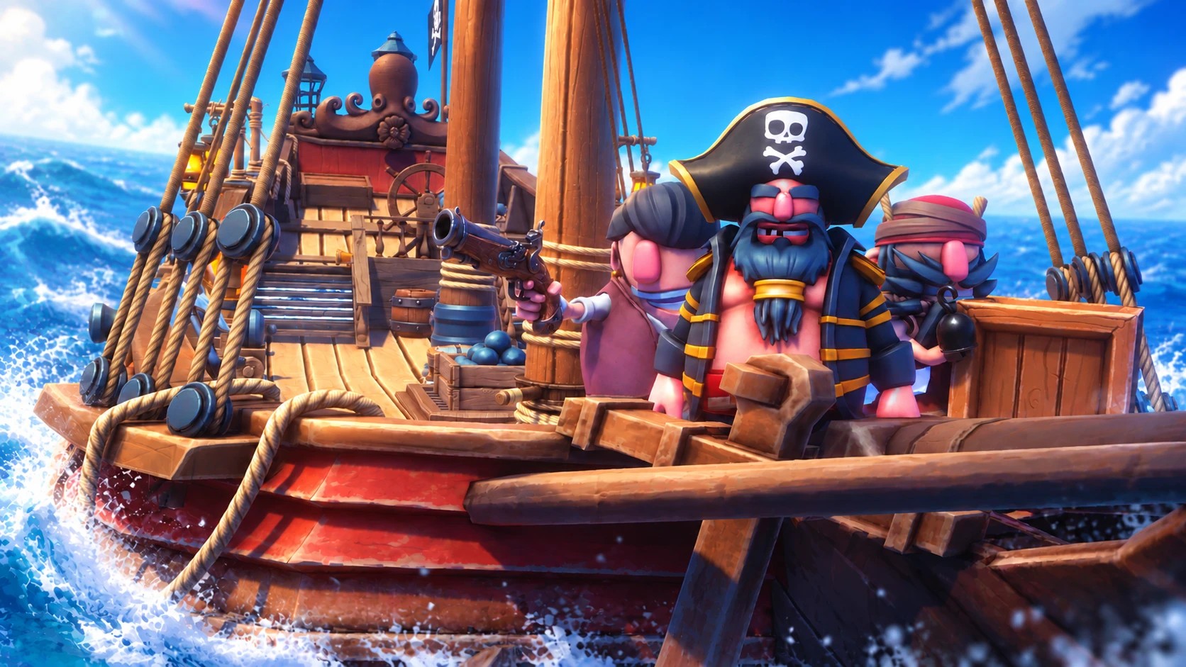 Key art: Blackbeard and his crew at the rail of their ship on a rough blue sea, one pirate aiming a flintlock